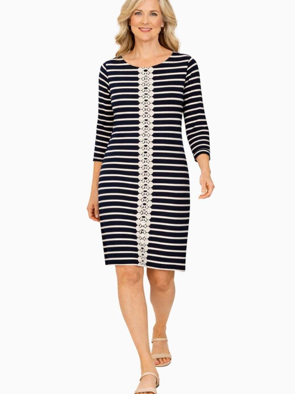 Sandra Darren Petite Shift Dress 12 Navy Stripe Lace 3/4 Sleeve Work Office